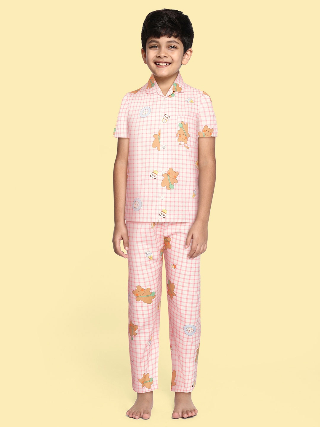 

NAUTI KIDZ Boys White & Pink Checked & Conversational Print Cotton Pyjama Set