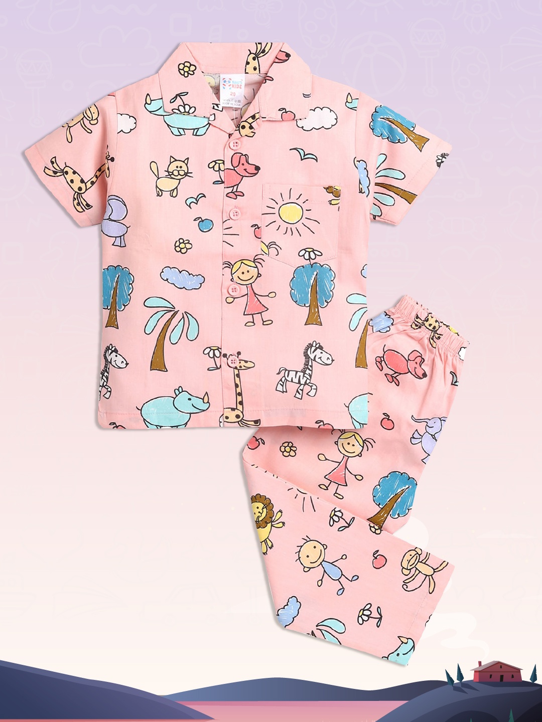 

NAUTI KIDZ Boys Pink & Blue Printed Cotton Pyjama Set