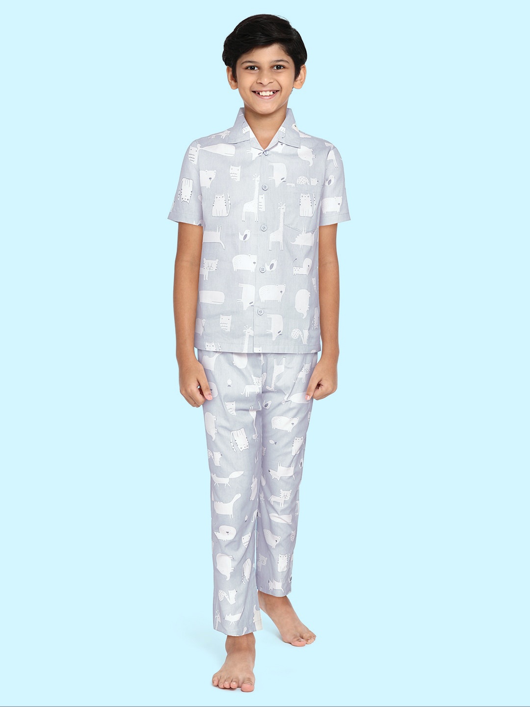 

NAUTI KIDZ Boys Grey & White Printed Cotton Pyjama Set