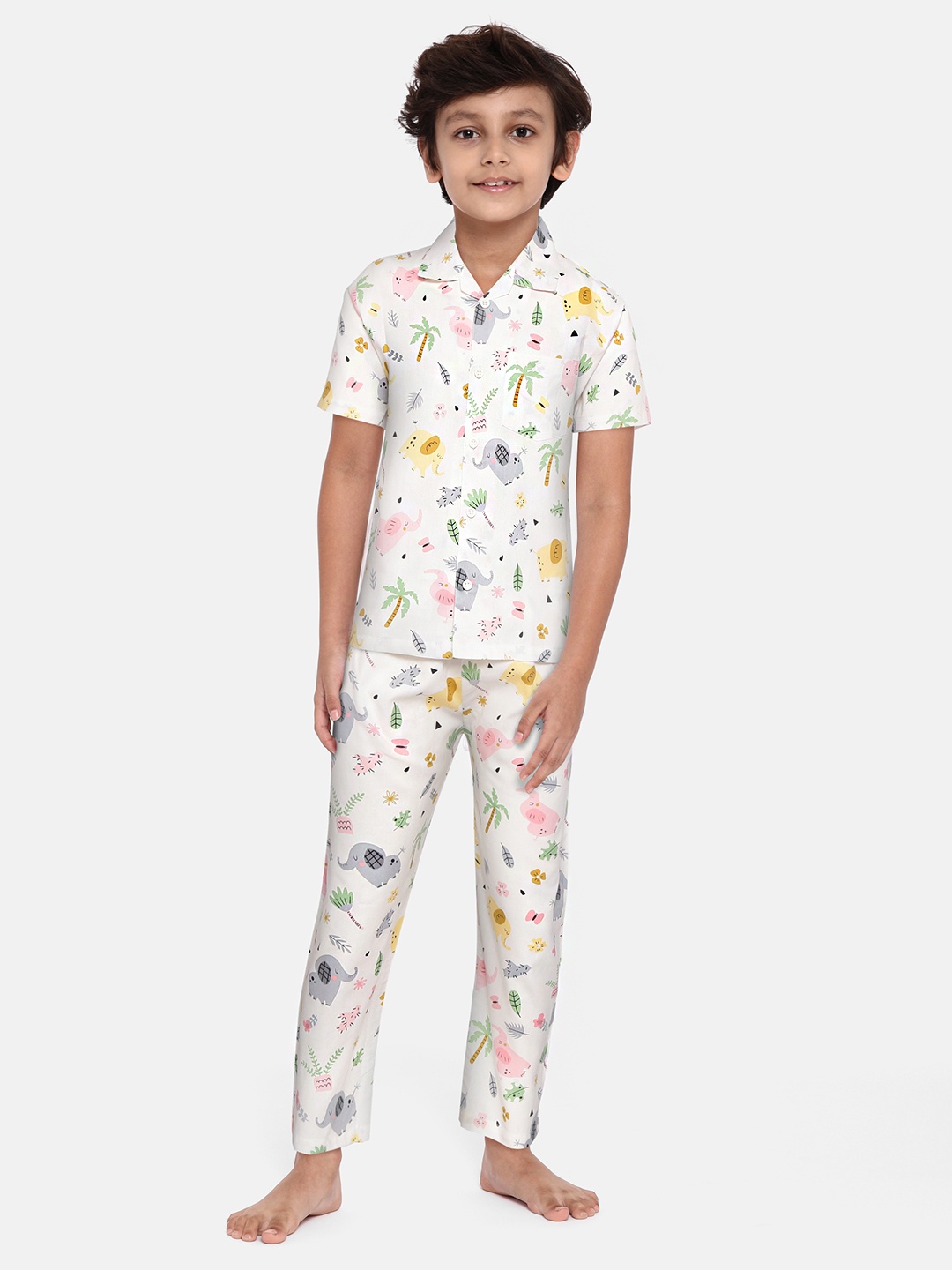 

NAUTI KIDZ Boys White & Yellow Printed Pure Cotton Pyjama Set