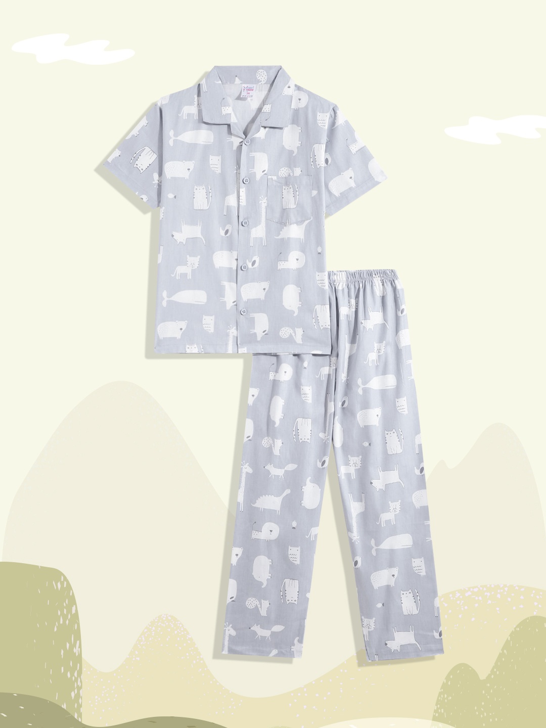 

NAUTI KIDZ Boys Grey & White Printed Cotton Pyjama Set