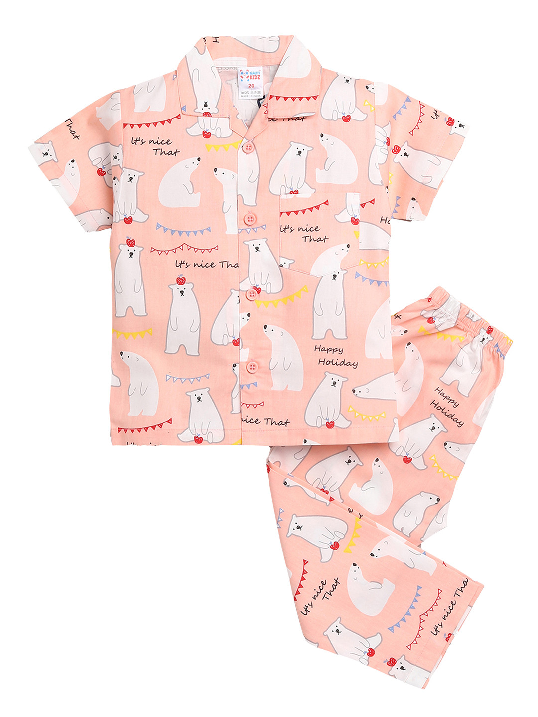 

NAUTI KIDZ Boys Peach-Coloured & White Conversational Printed Cotton Pyjama Set