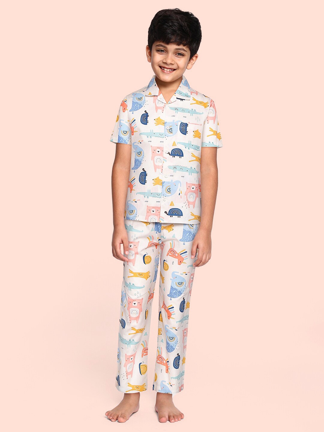 

NAUTI KIDZ Boys White & Blue Pure Cotton Conversational Print Pyjama Set