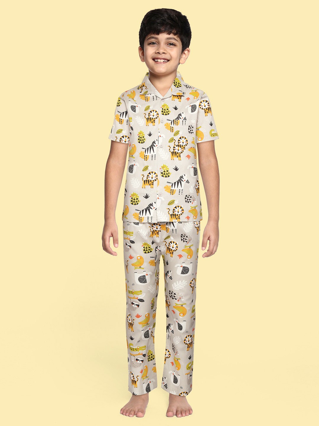 

NAUTI KIDZ Boys Grey & Yellow Printed Cotton Pyjama Set
