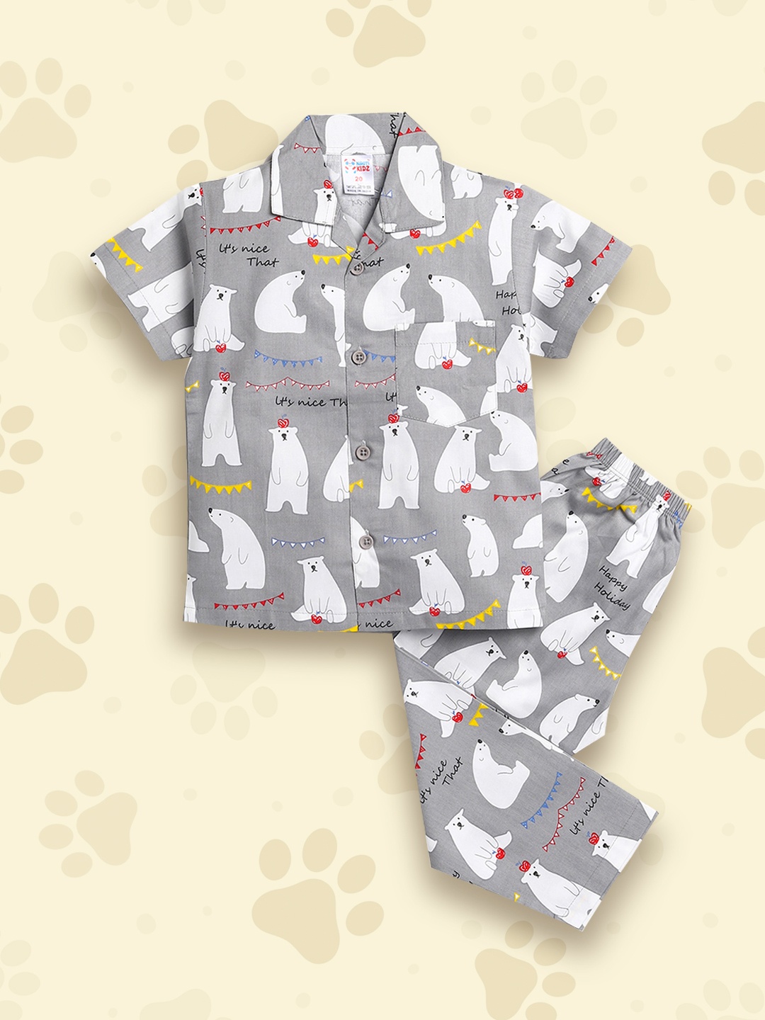 

NAUTI KIDZ Boys Grey & White Printed Cotton Pyjama Set