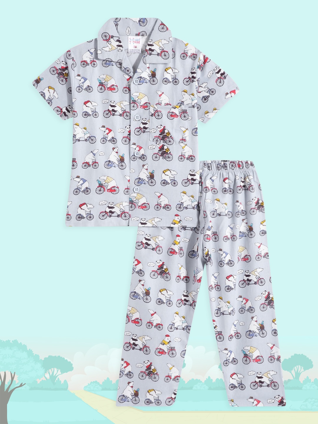 

NAUTI KIDZ Boys Grey & White Printed Cotton Pyjama Set