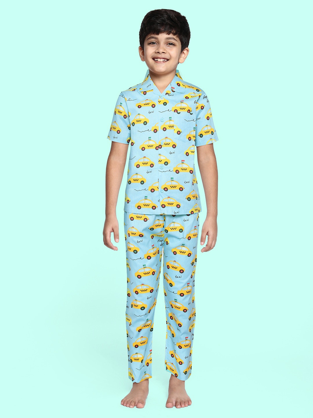 

NAUTI KIDZ Boys Blue & Yellow Conversational Printed Cotton Pyjama Set