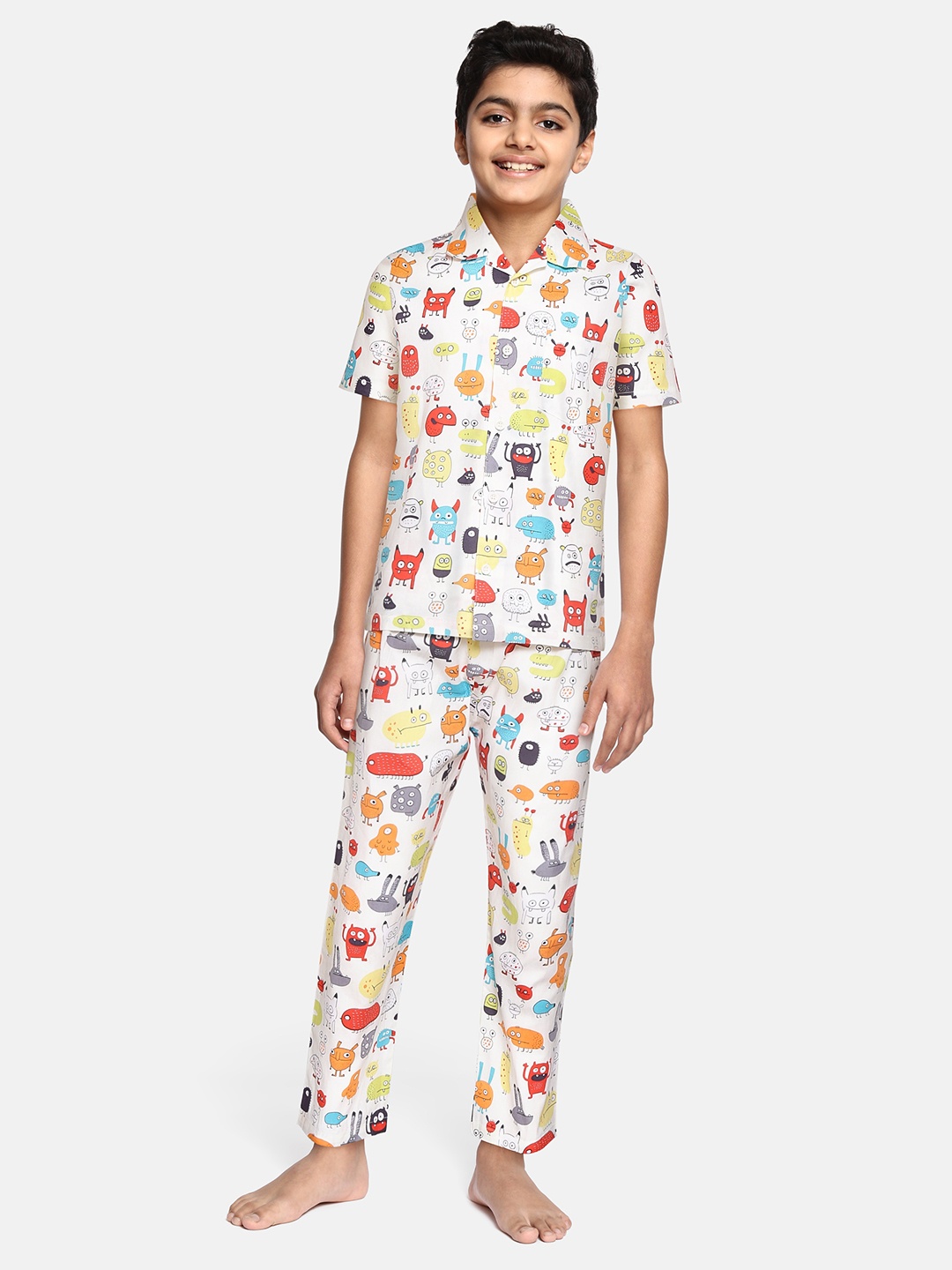 

NAUTI KIDZ Boys Off-White & Blue Printed Cotton Pyjama Set