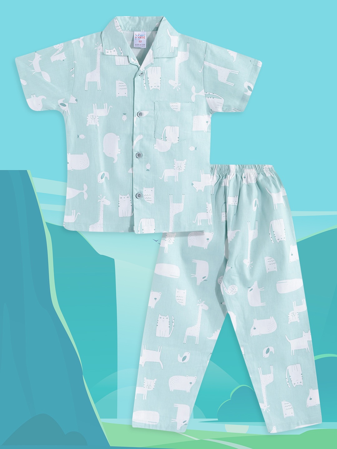 

NAUTI KIDZ Boys Green & White Printed Cotton Pyjama Set