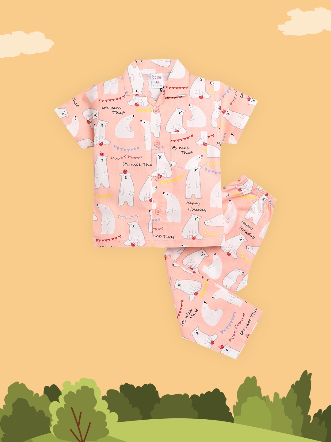 

NAUTI KIDZ Boys Peach-Coloured & White Conversational Printed Cotton Pyjama Set