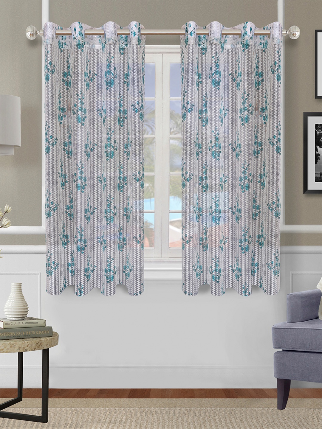 

ROMEE Grey & Turquoise Blue Set of 2 Floral Sheer Window Curtain