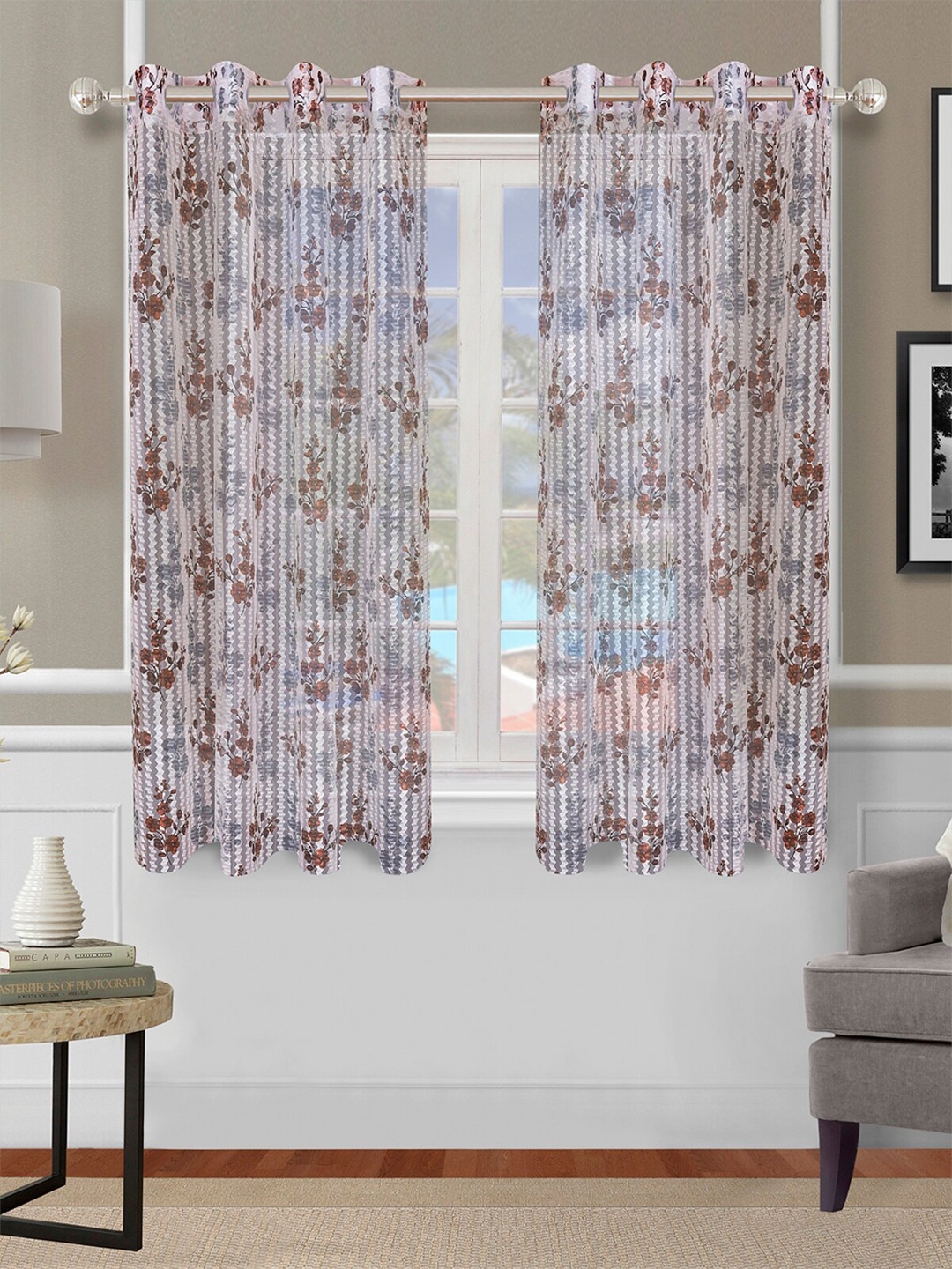 

ROMEE Set Of 2 Brown & Grey Floral Printed Window Sheer Curtains