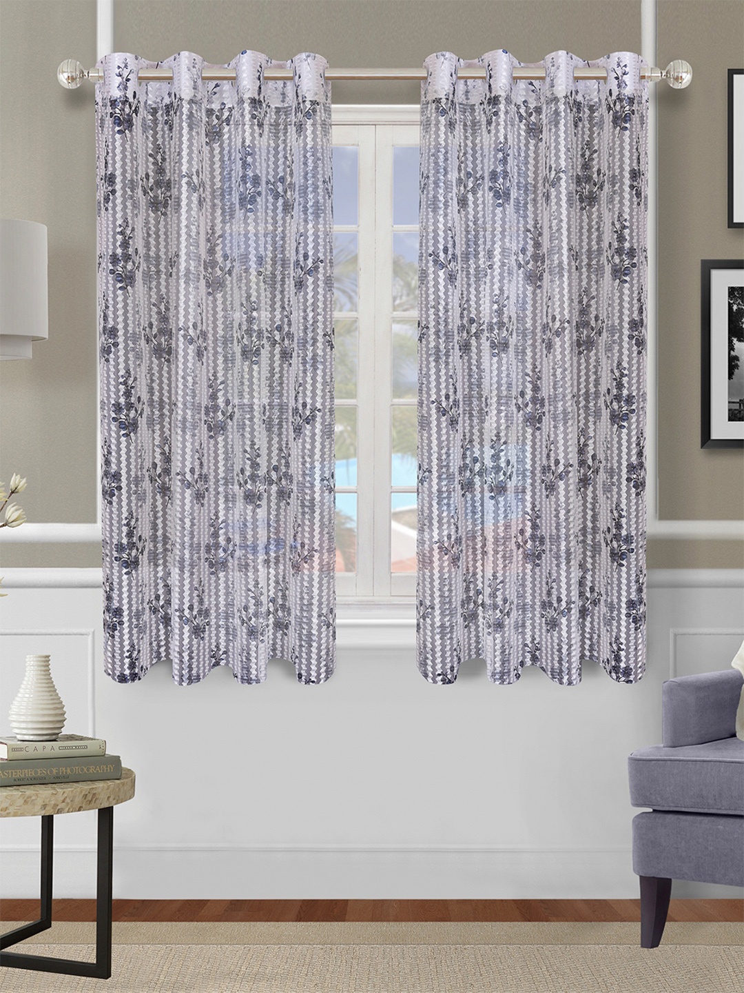 

ROMEE Blue & Grey Set of 2 Floral Sheer Window Curtain
