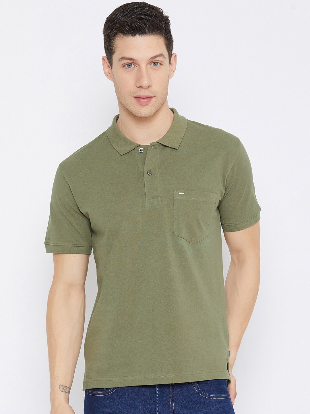 

Okane Men Olive Green Polo Collar Cotton T-shirt