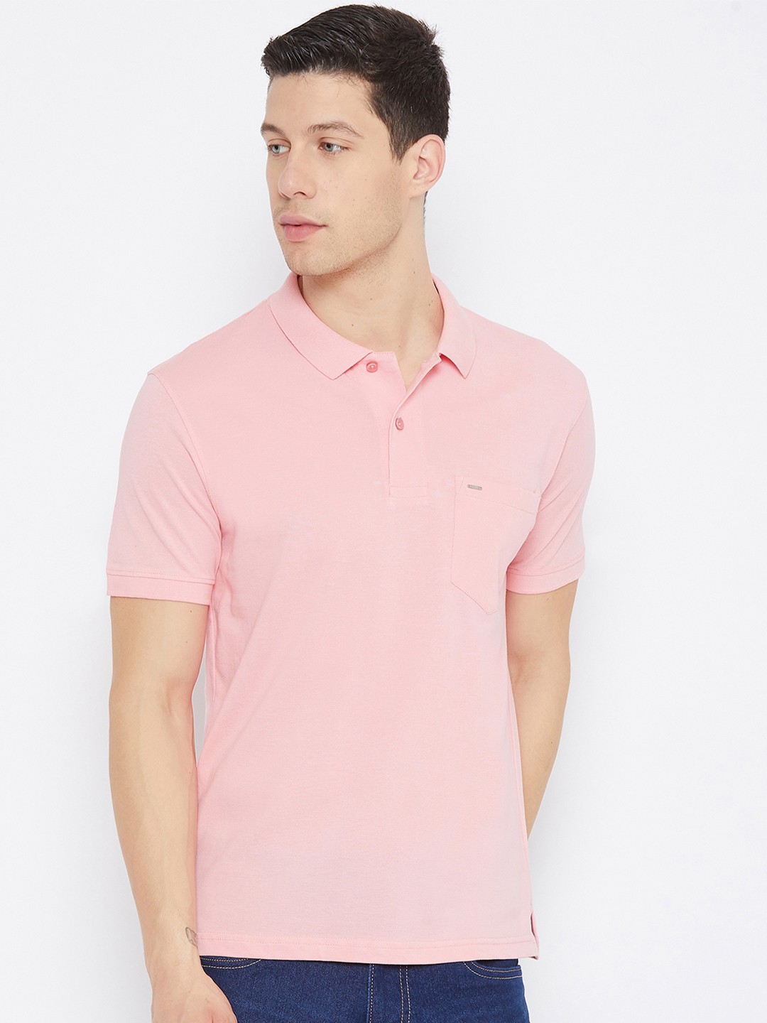 

Okane Men Pink Polo Collar Cotton T-shirt