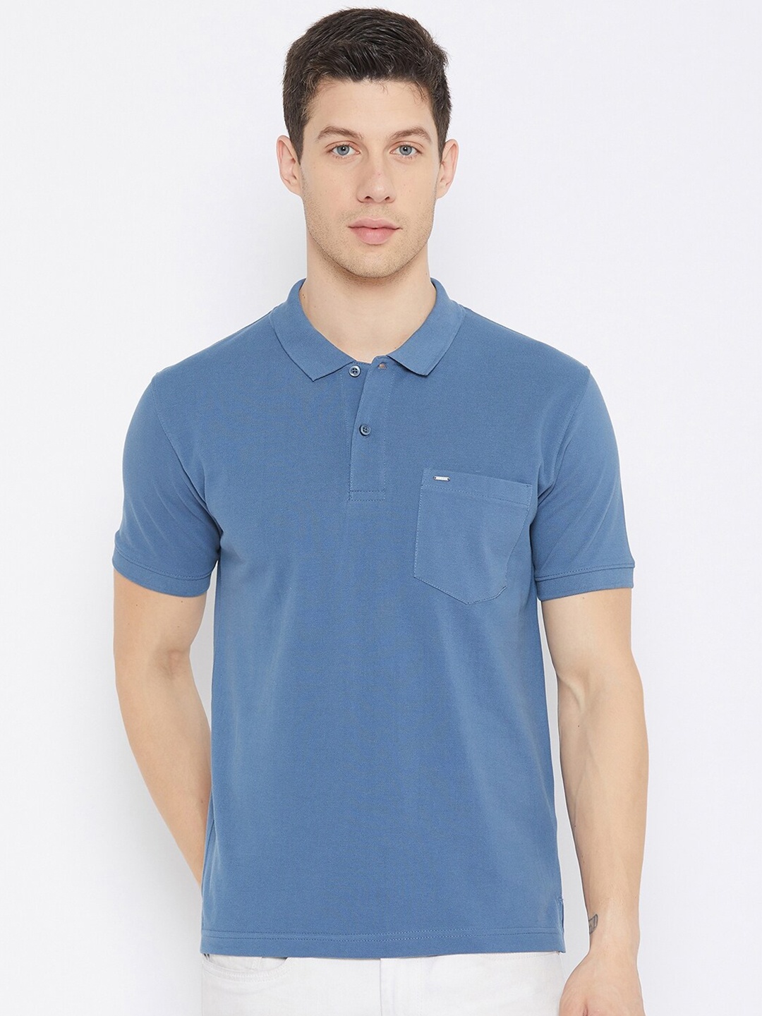 

Okane Men Blue Polo Collar Cotton T-shirt