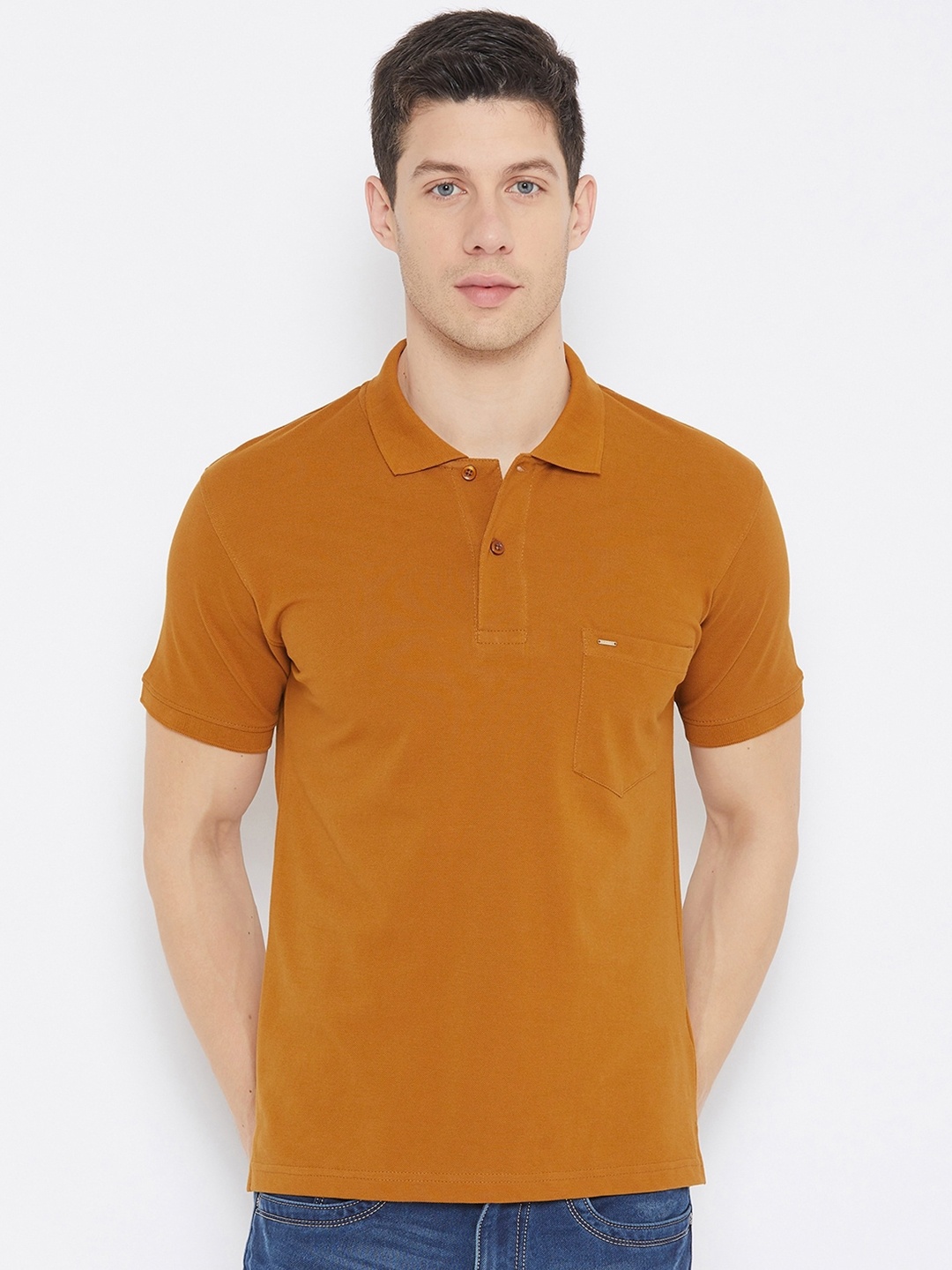 

Okane Men Mustard Yellow Polo Collar Cotton T-shirt