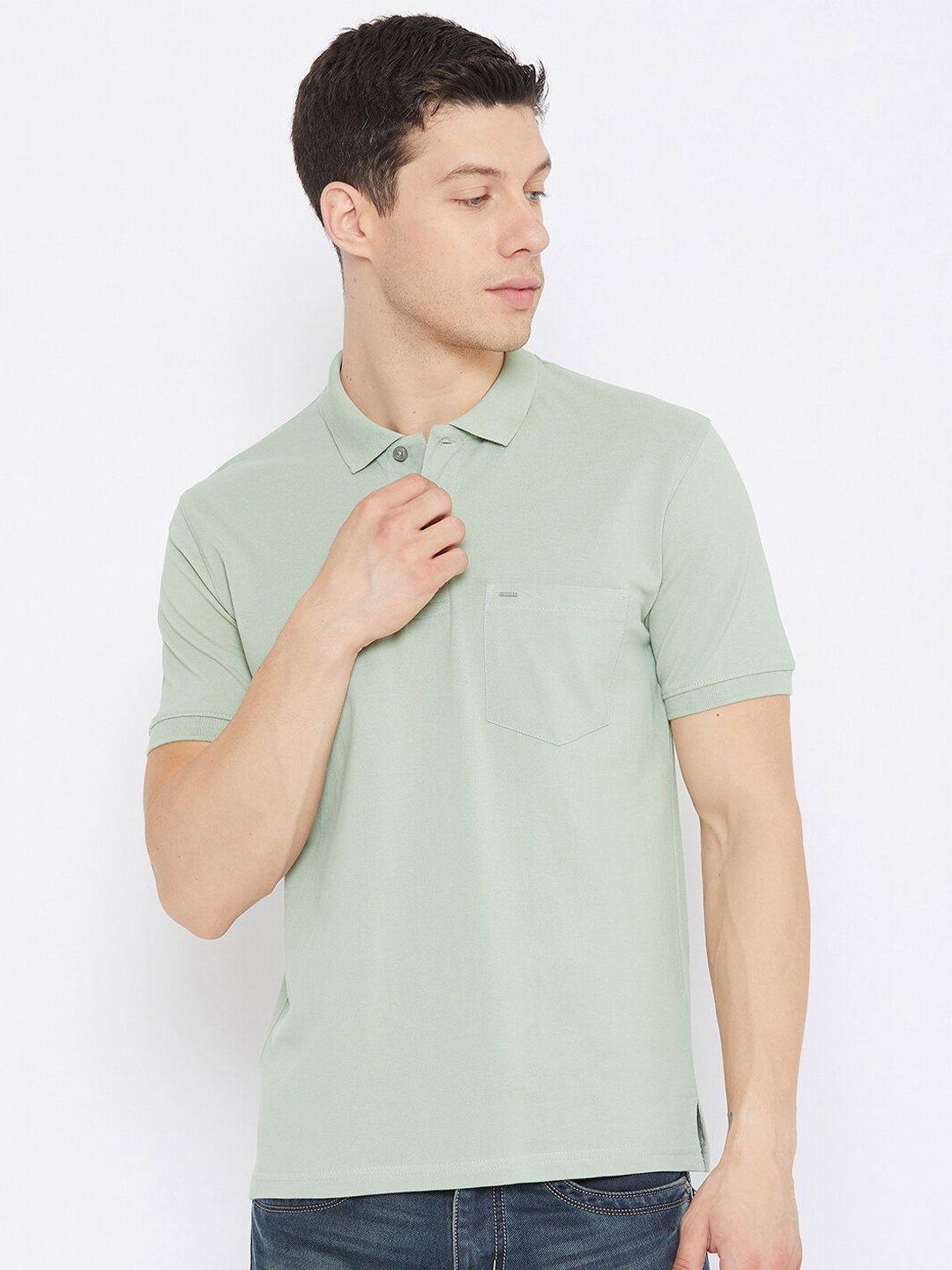

Okane Men Green Polo Collar Cotton T-shirt