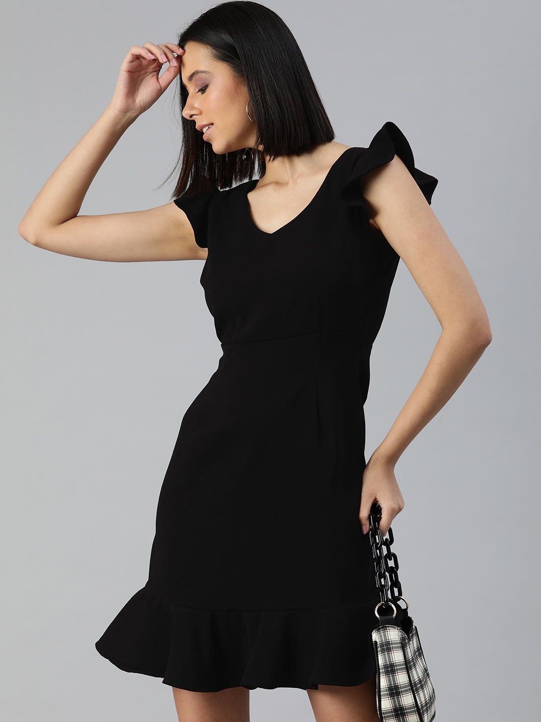 

Jade Garden Black Solid Sheath Dress with Ruffle Detail