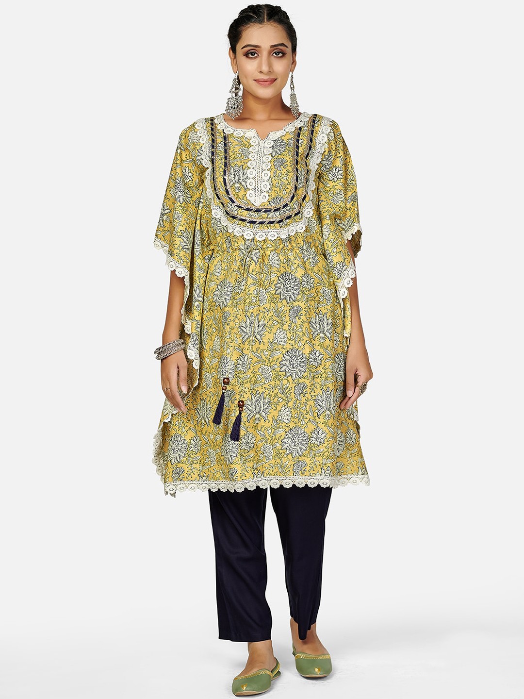 

KALINI Women Yellow Ethnic Motifs Printed Pleated Thread Work Pure Cotton Kurti with Trousers