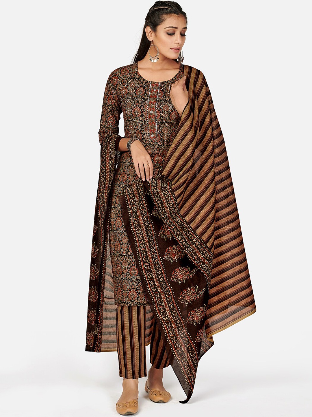 

KALINI Women Brown Ethnic Motifs Printed Pure Cotton Kurta with Palazzos & With Dupatta