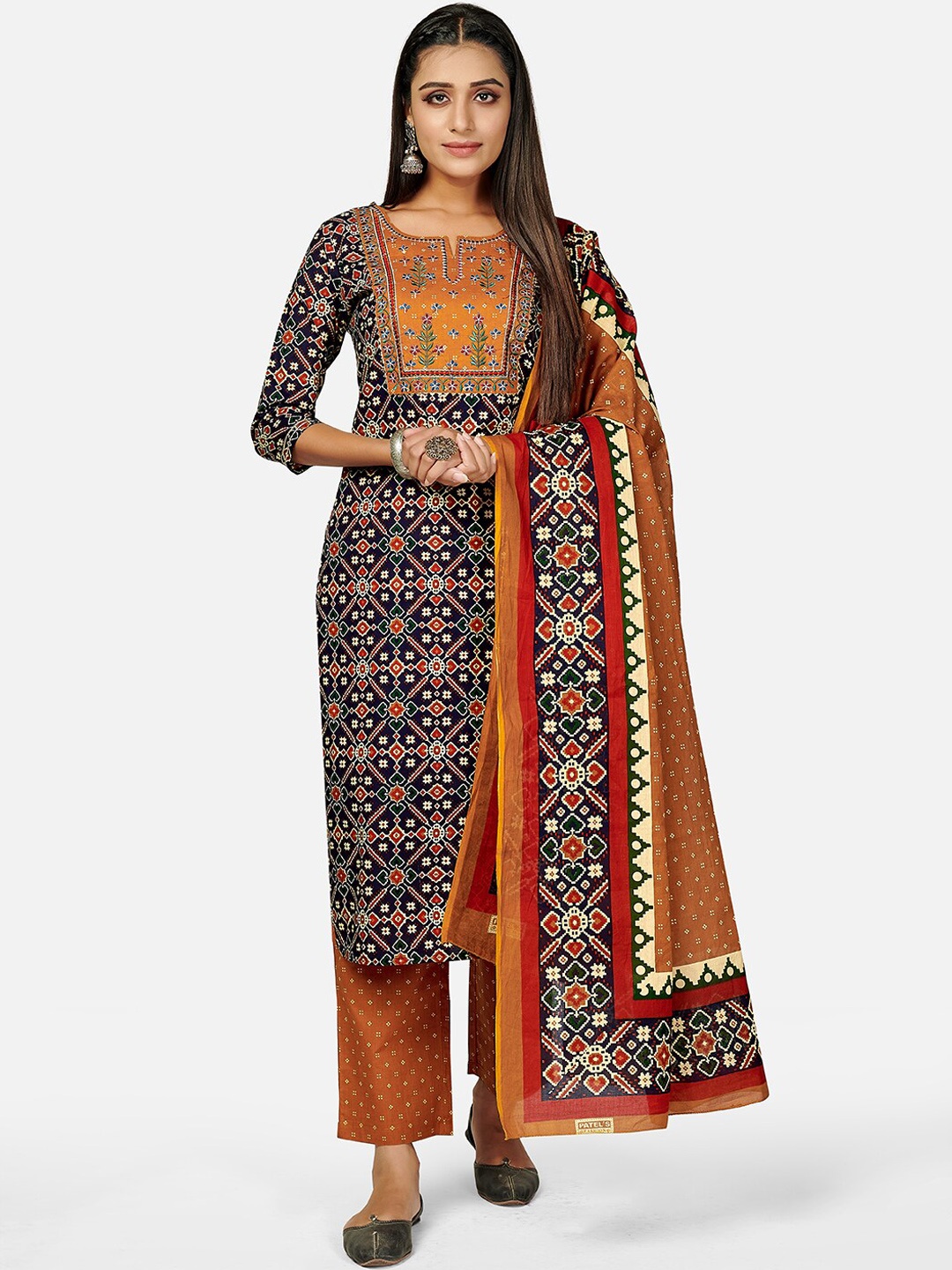 

KALINI Women Blue Printed Panelled Thread Work Pure Cotton Kurta with Palazzos