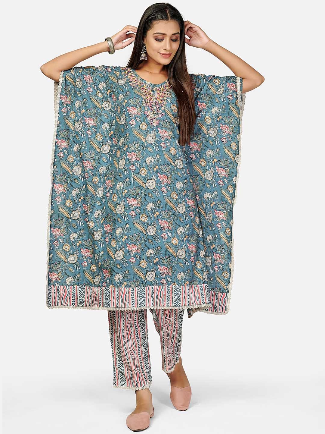 

KALINI Women Turquoise Blue Ethnic Motifs Printed Thread Work Pure Cotton Kurta with Trousers & With Dupatta
