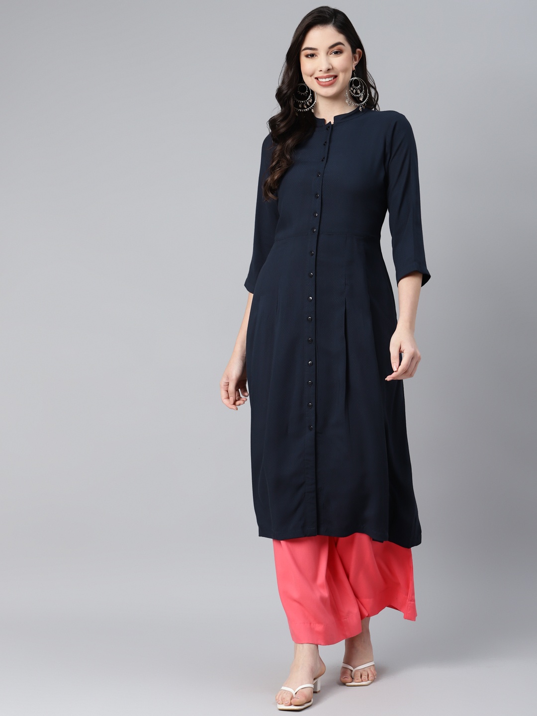 

Ayaany Women Navy Blue Self Design Pure Cotton A-Line Kurta