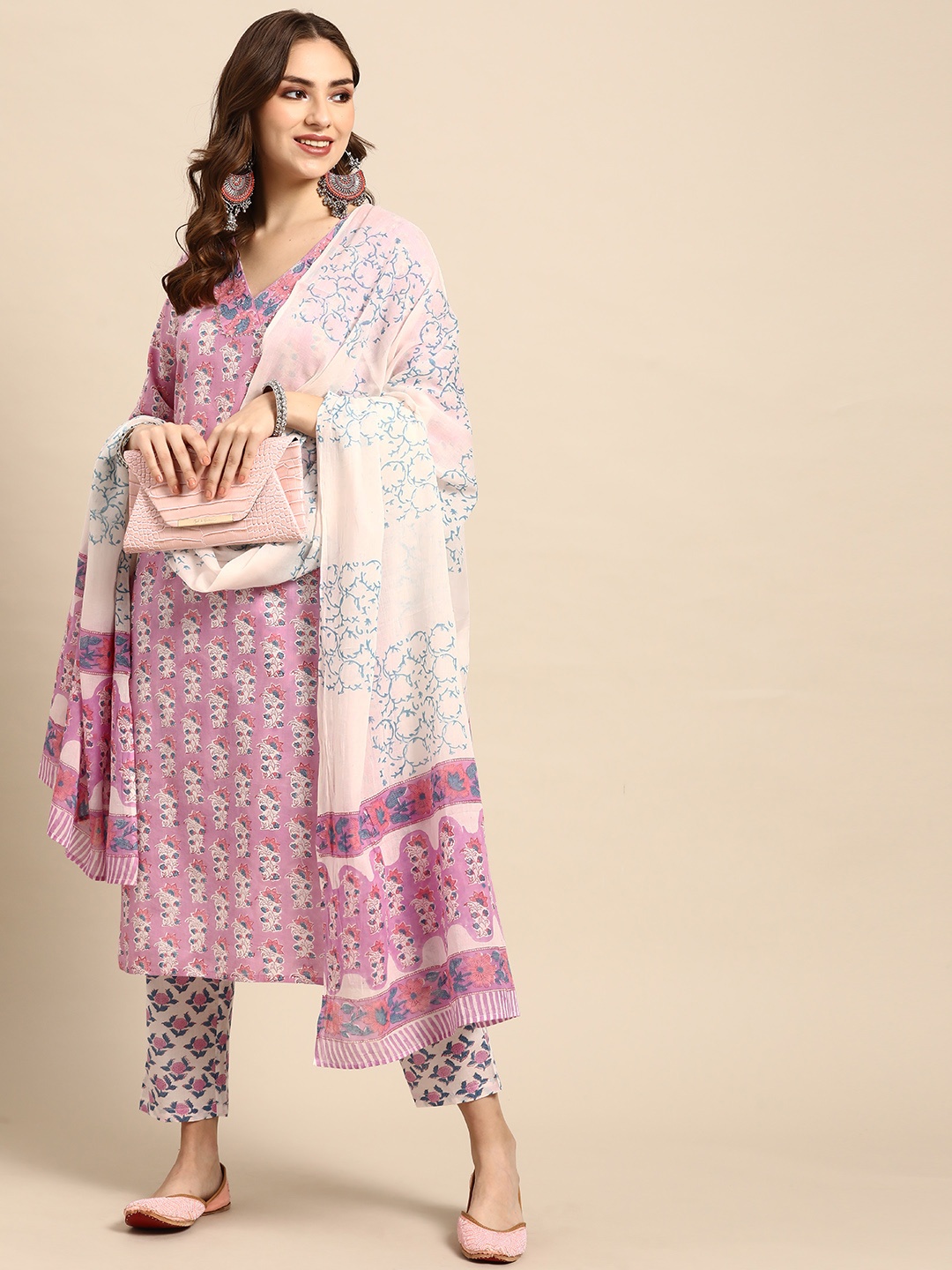 

Prakrti Women Lavender & White Floral Printed Pure Cotton Kurta with Trousers & Dupatta