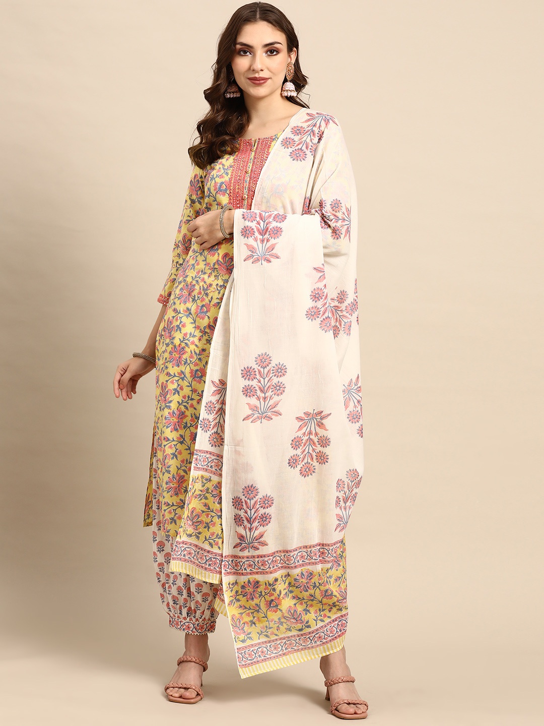 

Prakrti Women Yellow & Blue Floral Printed Pure Cotton Kurta with Salwar & Dupatta