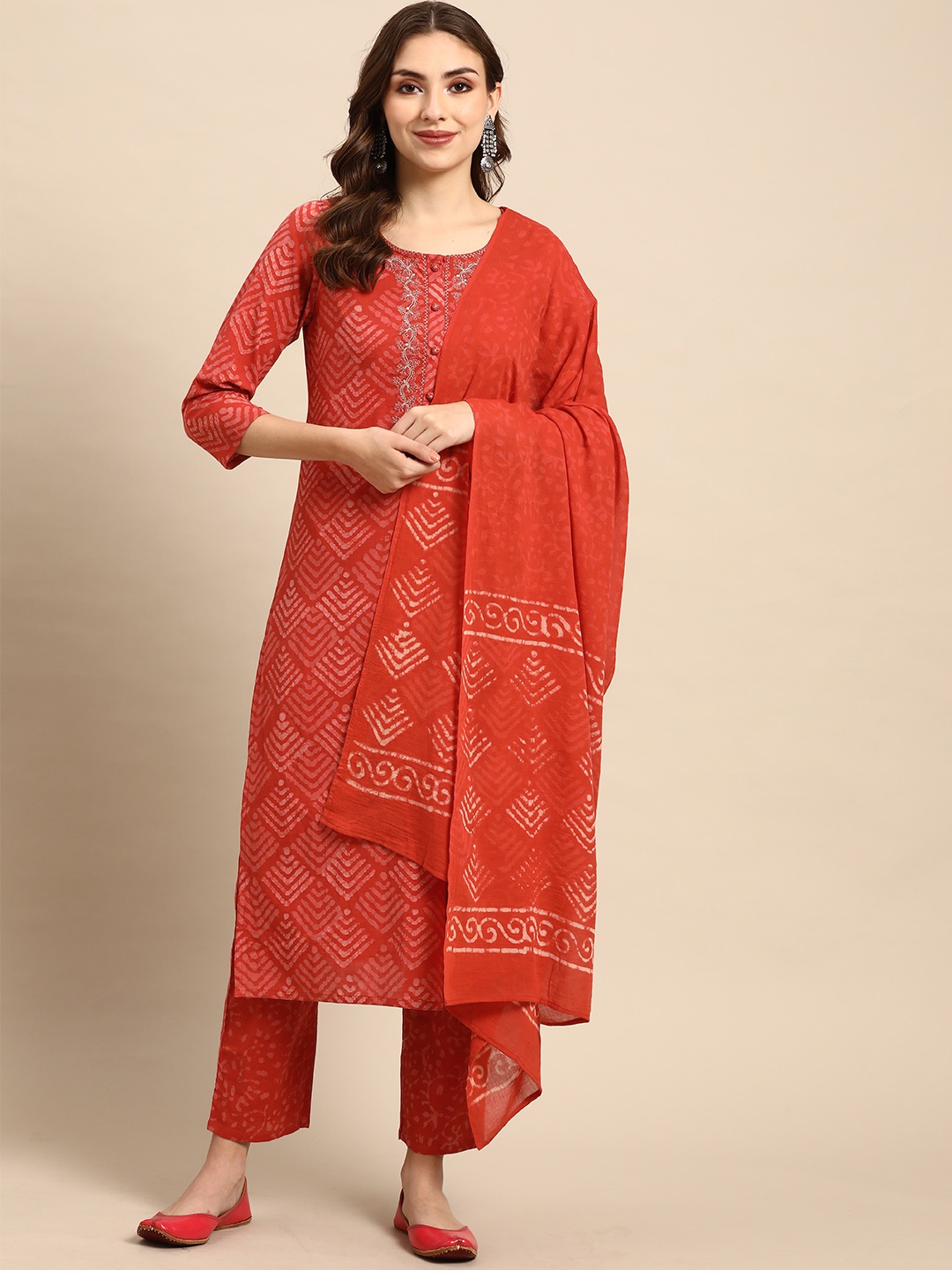 

Prakrti Women Red Printed Pure Cotton Kurta with Trousers & With Dupatta