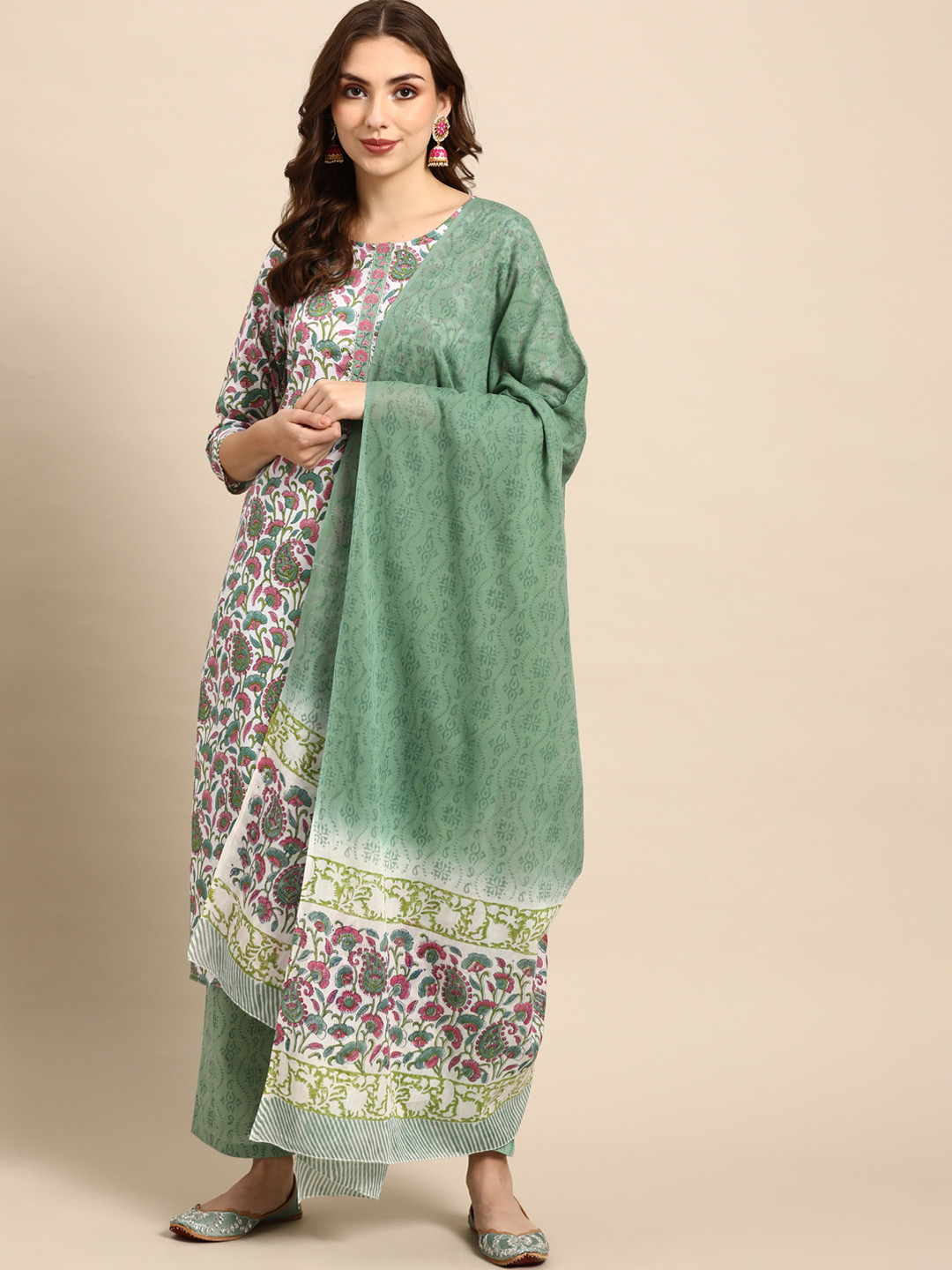 

Prakrti Women White Ethnic Motifs Printed Pure Cotton Kurta with Trousers & With Dupatta