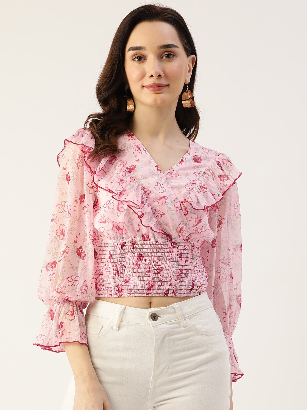 

Antheaa Women Pink & Burgundy Floral Print Smocked Crop Top