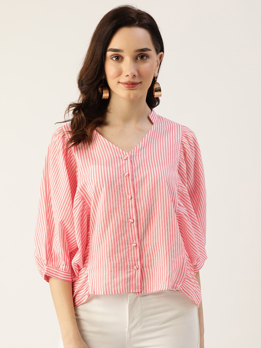 

Antheaa Women Pink & White Pure Cotton Striped Shirt Style Top