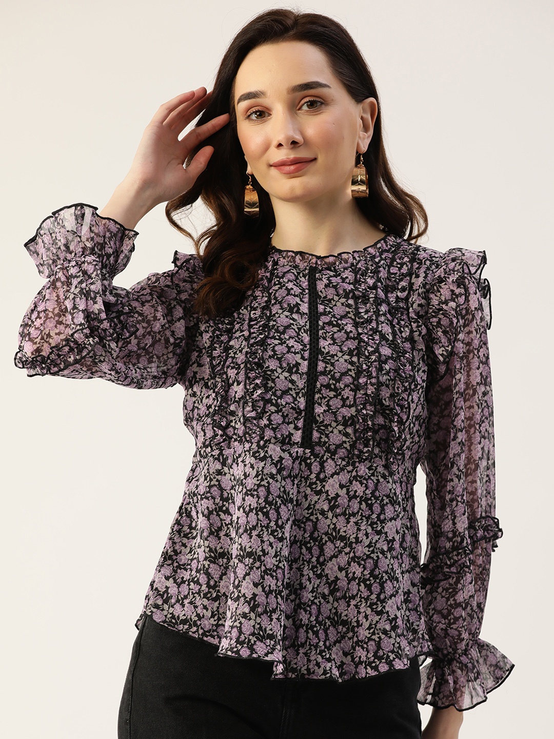 

Antheaa Women Black & Lavender Floral Print Bishop Sleeves Peplum Top