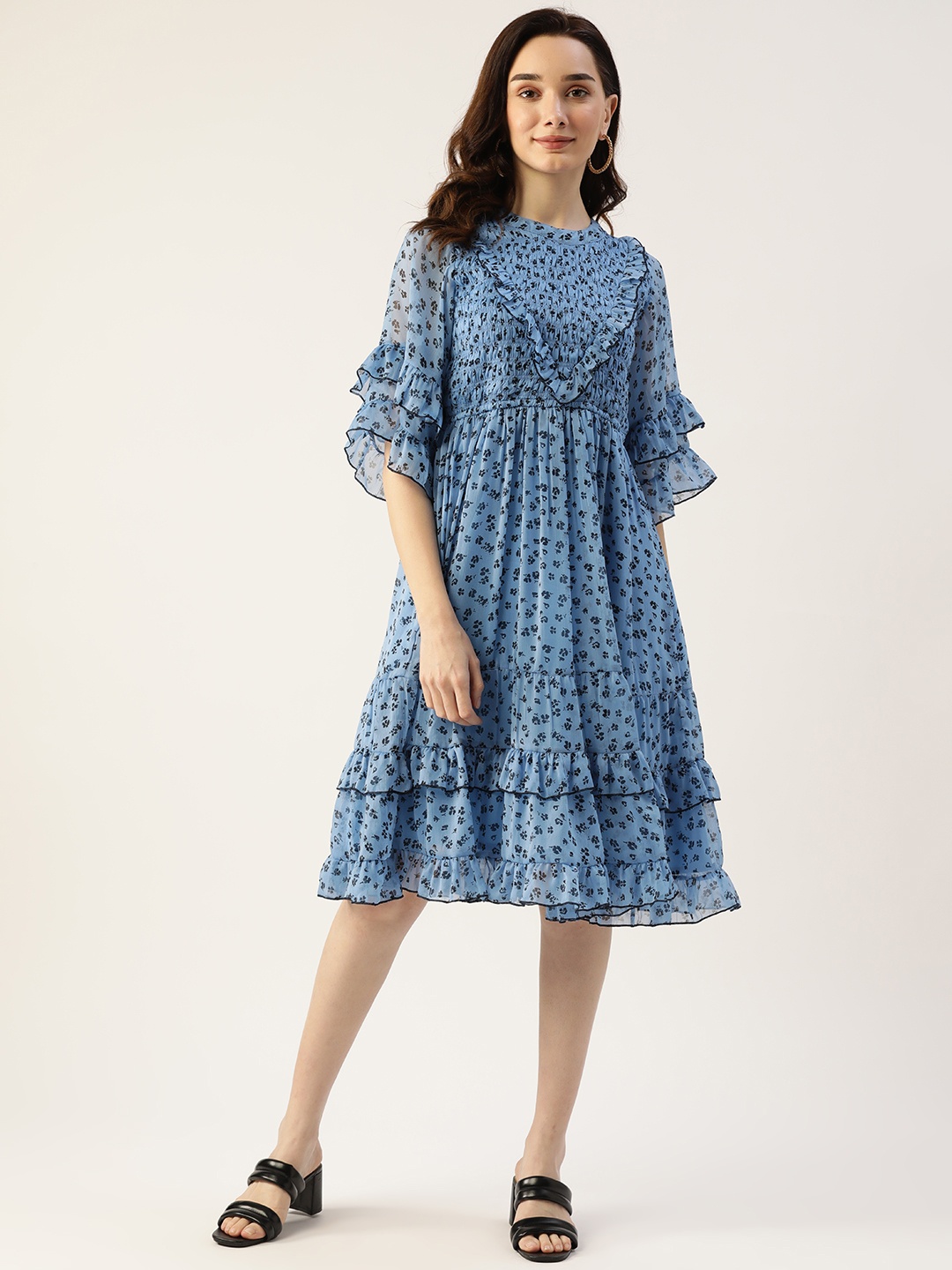 

Antheaa Women Blue & Black Micro Floral Print Ruffle Detail A-Line Smocked Dress