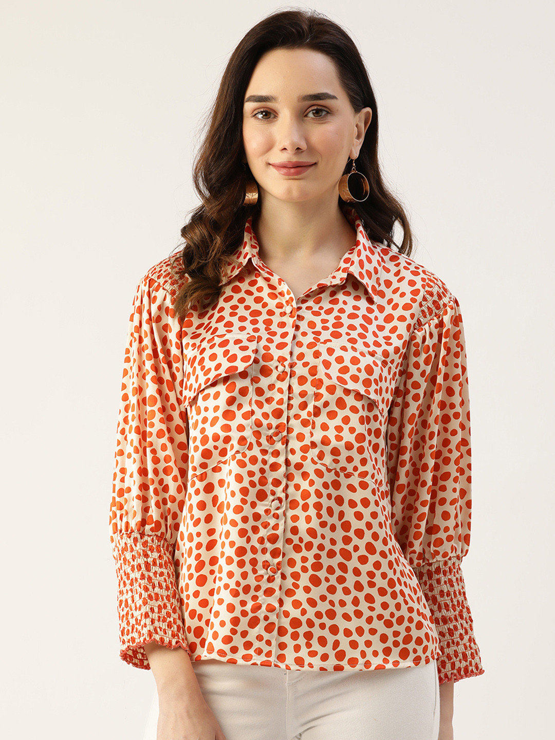 

Antheaa Women Orange & Beige Abstract Print Shirt Style Top
