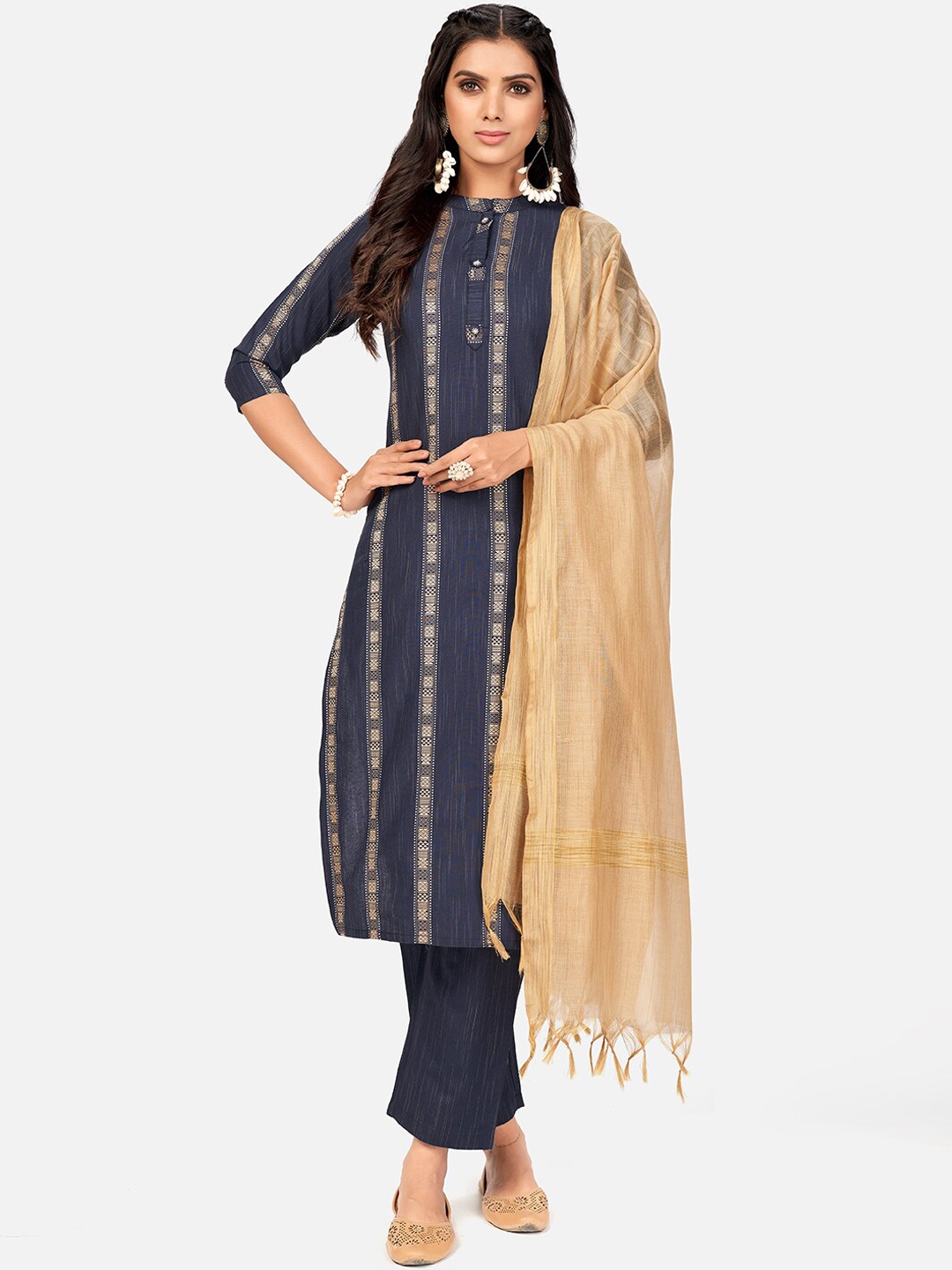 

KALINI Women Blue Woven Design Pure Cotton Kurta with Trousers & Dupatta