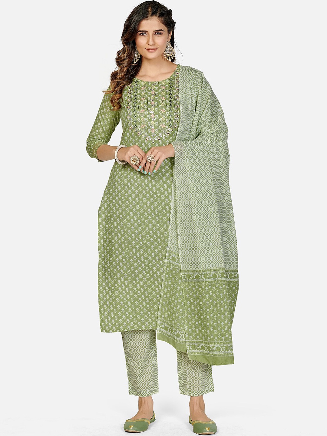 

KALINI Women Sage Green Printed Pure Cotton Kurta with Trousers & Dupatta