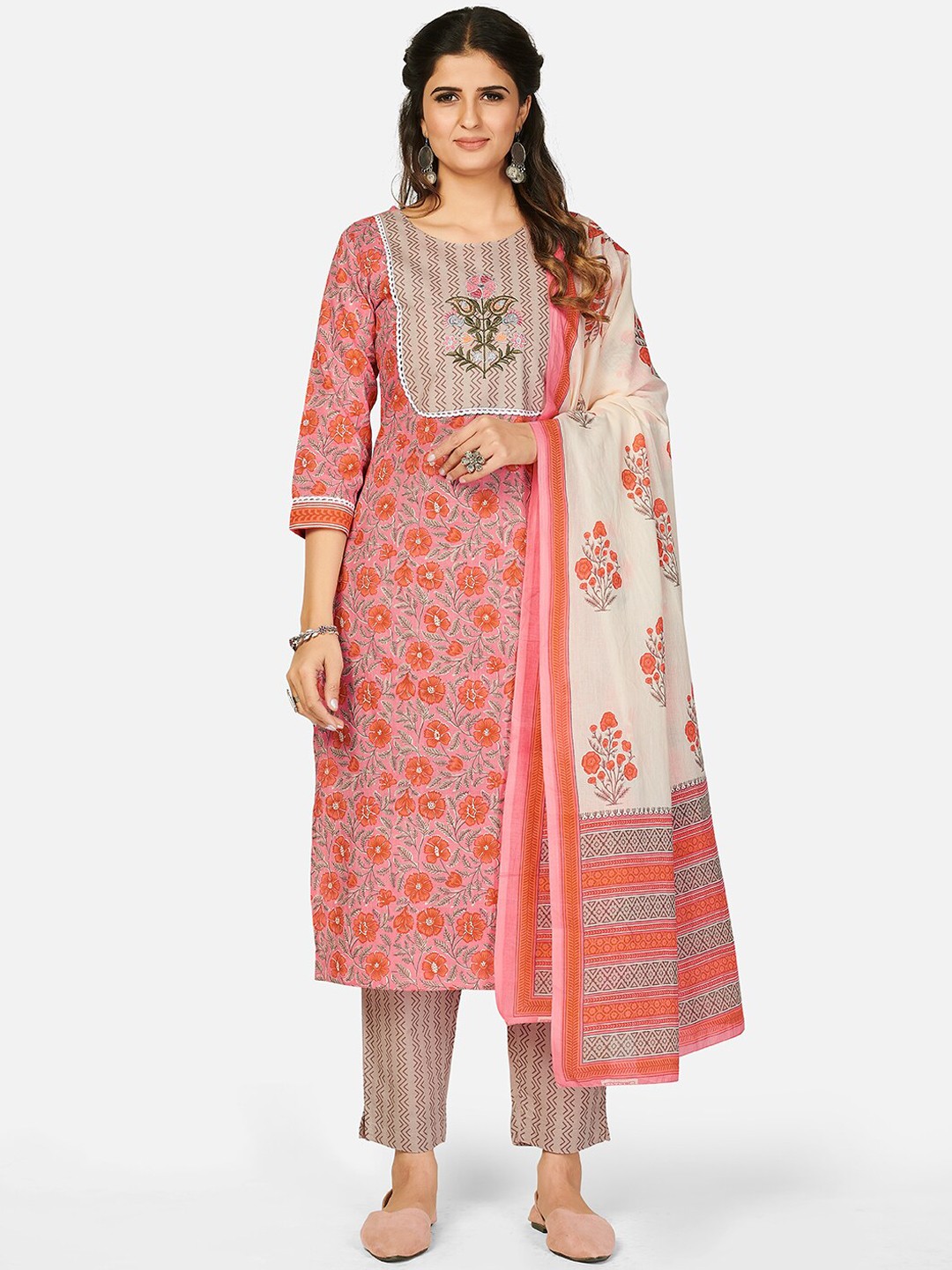 

KALINI Women Pink Embroidered Cotton Kurta with Trousers & With Dupatta