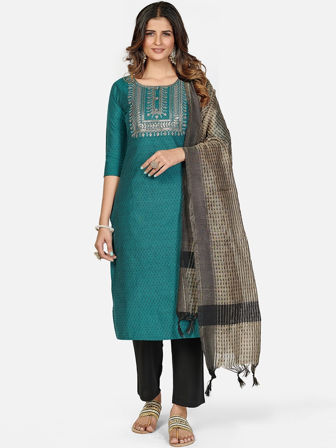 

Vbuyz Women Teal Ethnic Motifs Yoke Design Thread Work Pure Cotton Kurta with Trousers & With Dupatta