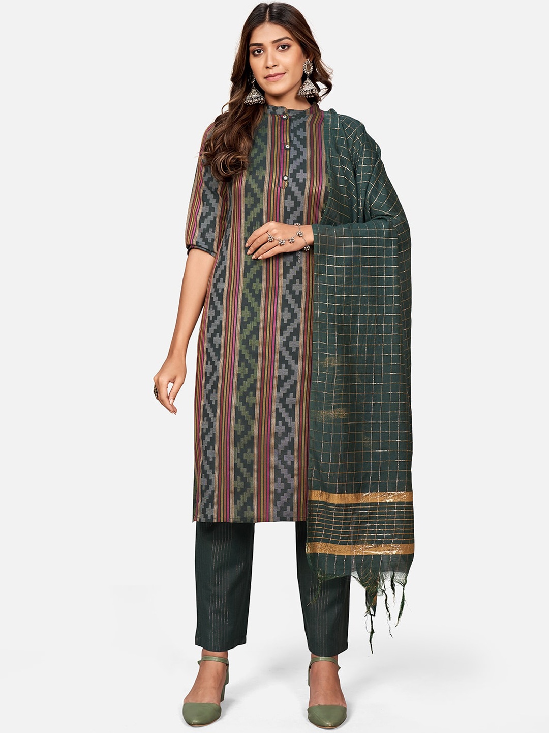 

KALINI Green Striped Pure Cotton Straight Kurta with Trousers & Dupatta