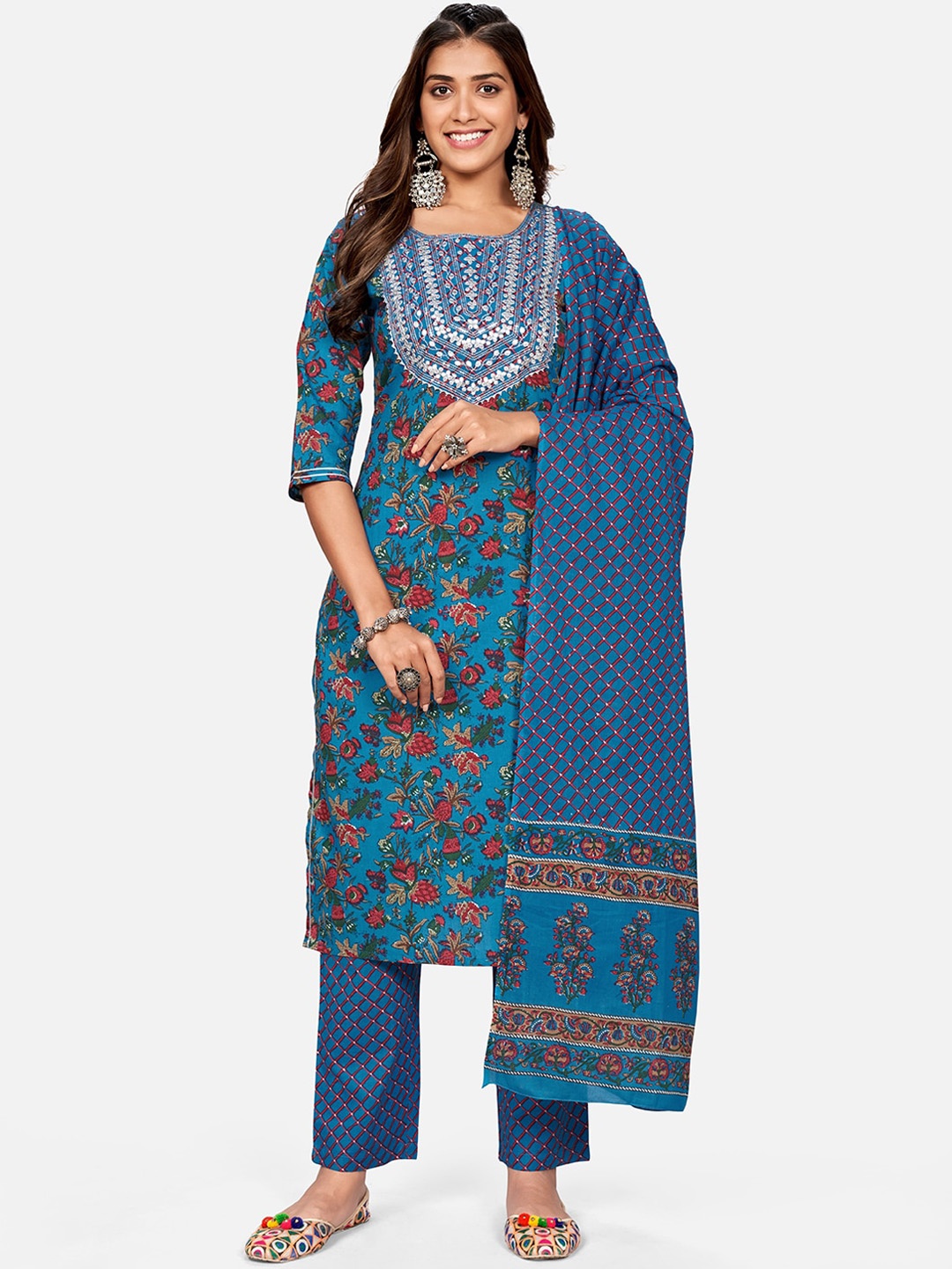 

KALINI Women Blue Ethnic Motifs Pure Cotton Kurta with Trousers & Dupatta