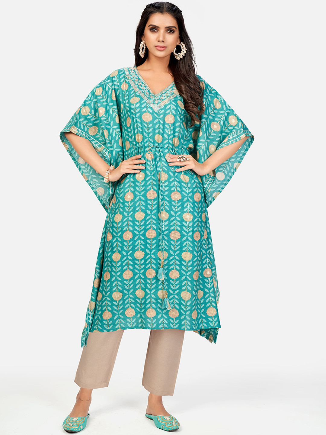 

KALINI Women Turquoise Blue Ethnic Motifs Printed Thread Work Muslin Kurta with Trousers