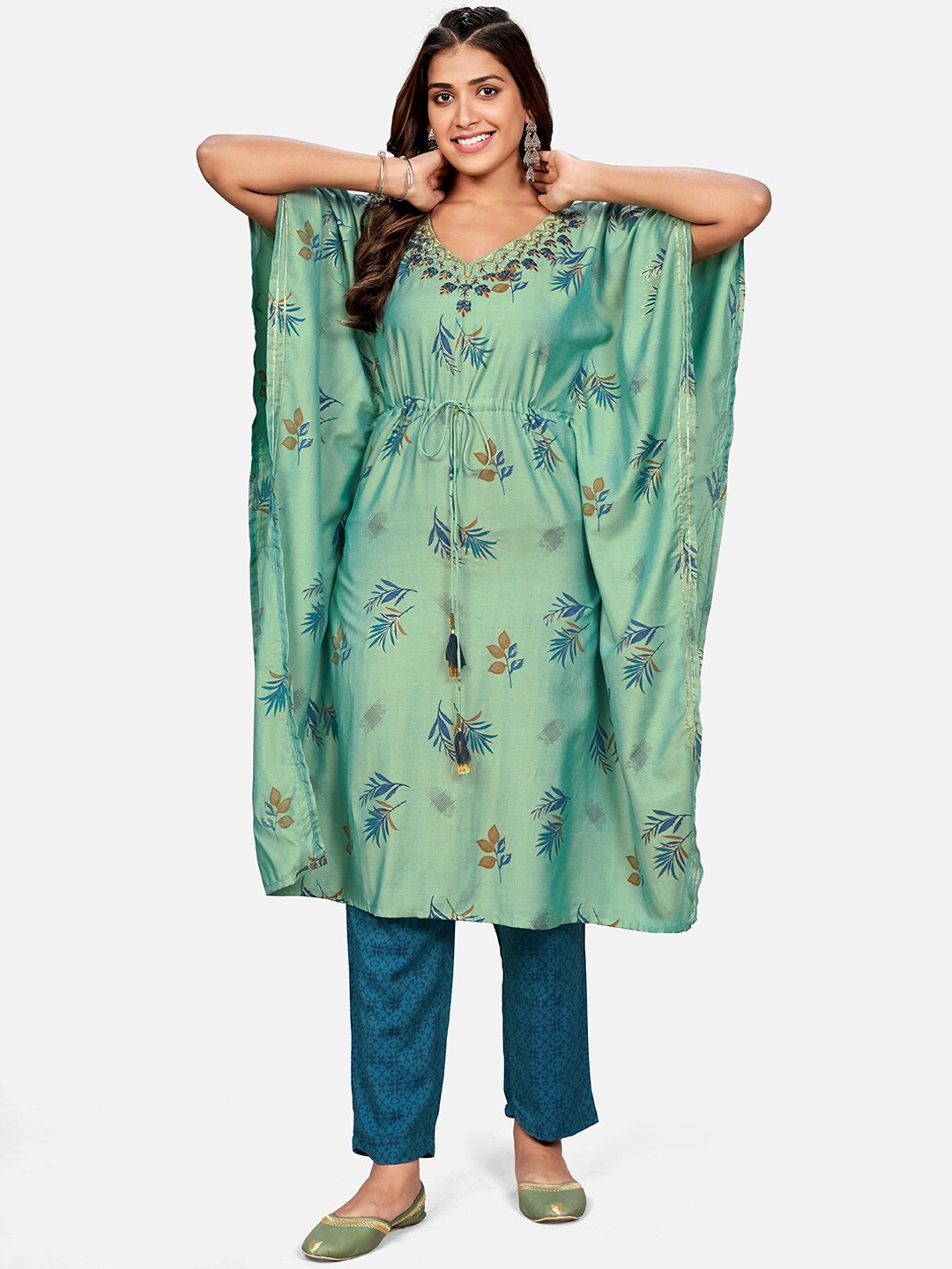 

KALINI Women Sea Green Floral Embroidered Mirror Work Kaftan Kurti with Trousers