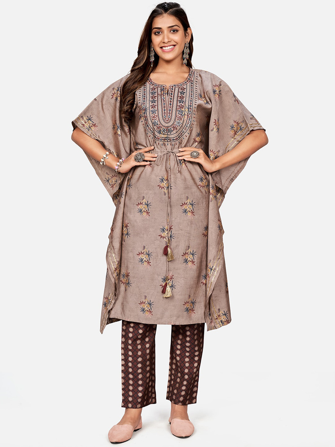 

KALINI Women Brown Ethnic Motifs Embroidered Mirror Work Kurta with Trousers
