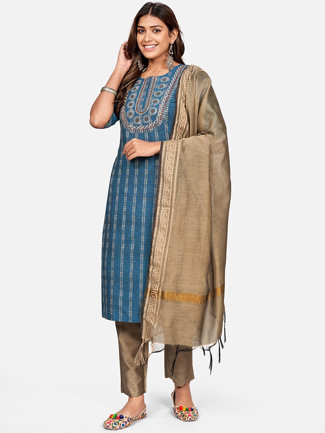 

KALINI Women Turquoise Blue Ethnic Motifs Striped Thread Work Pure Cotton Kurta with Trousers & With Dupatta