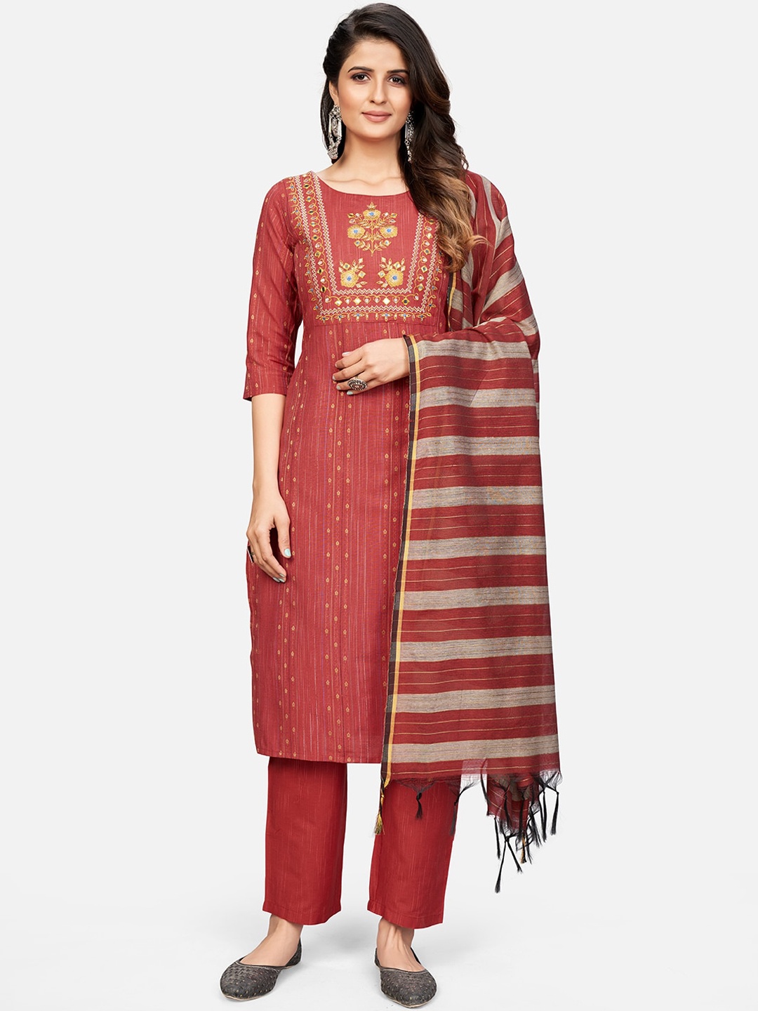 

Vbuyz Women Red Ethnic Motifs Printed Mirror Work Pure Cotton Kurti with Trousers & With Dupatta