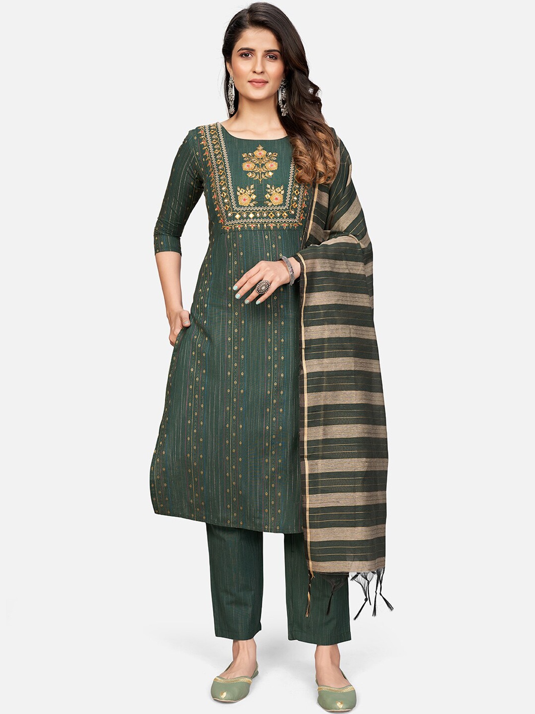 

KALINI Women Sea Green Ethnic Motifs Thread Work Pure Cotton Kurti with Trousers & With Dupatta
