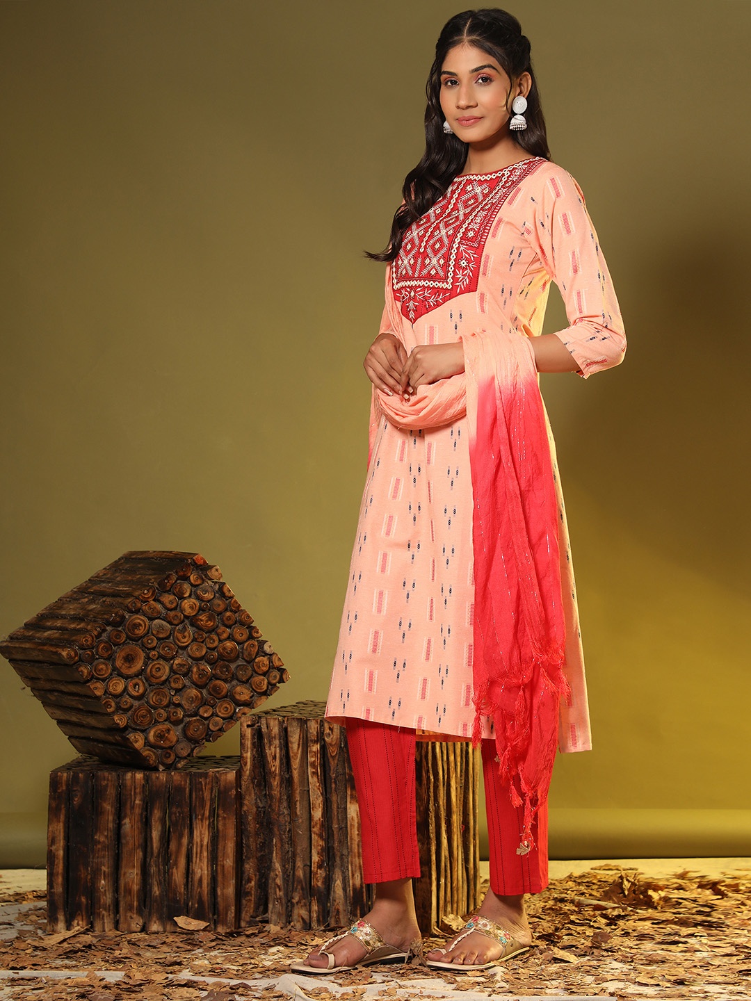 

Vbuyz Women Peach-Coloured Mirror Work Pure Cotton Kurta Trousers Set With Dupatta